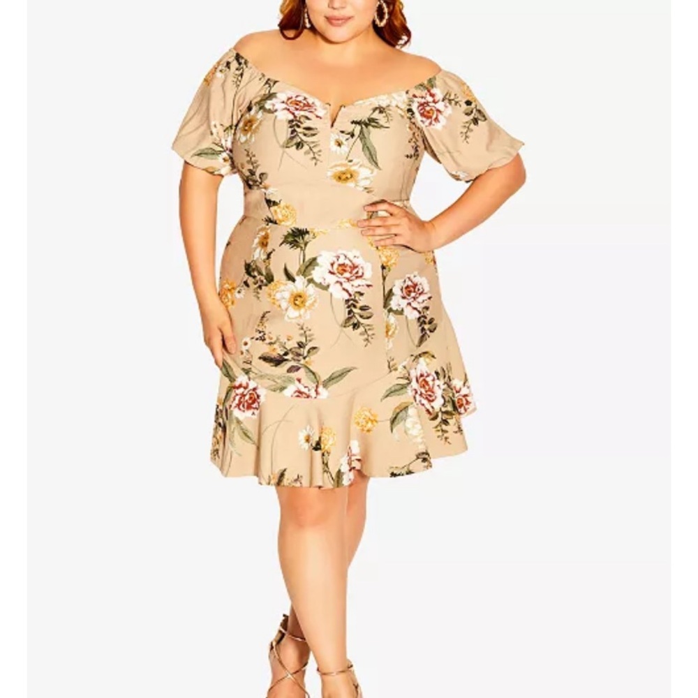 City Chic tan Finch Floral Off-Shoulder Dress Sz 18 New